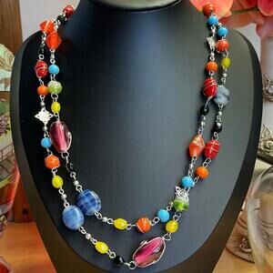 Colorful 48" Station & Wrapped Glass Bead Necklace on Silver Chain Murano Style